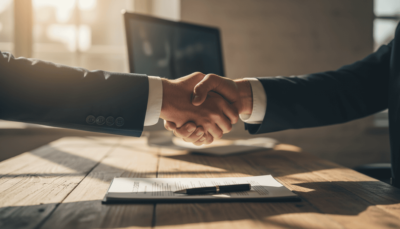 Business handshake sealing an acquisition deal
